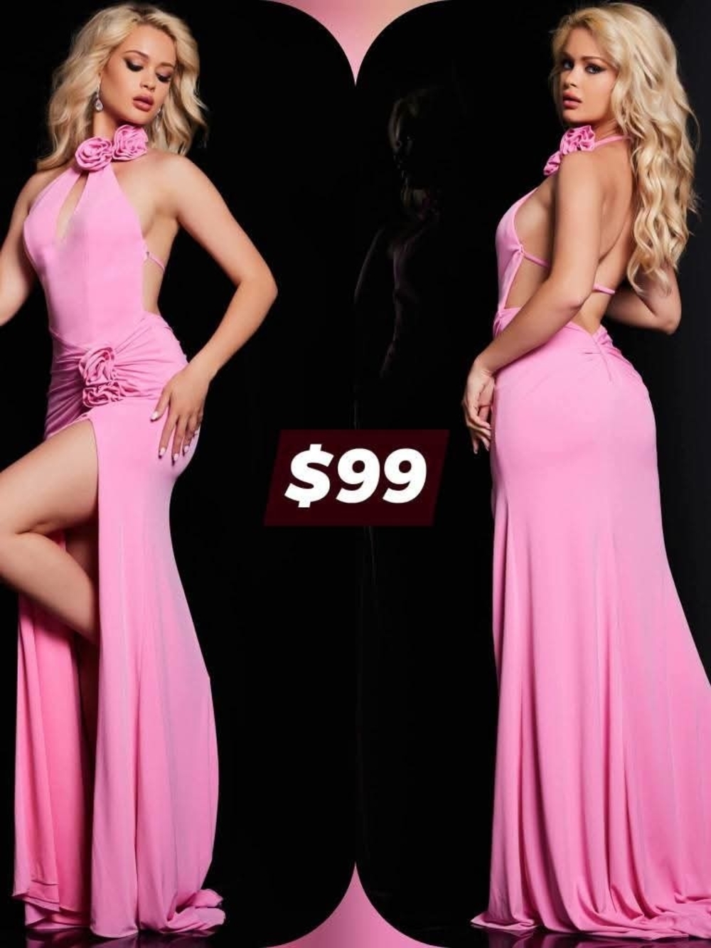 Jovani Pink Backless Halter Gown with Floral Accents